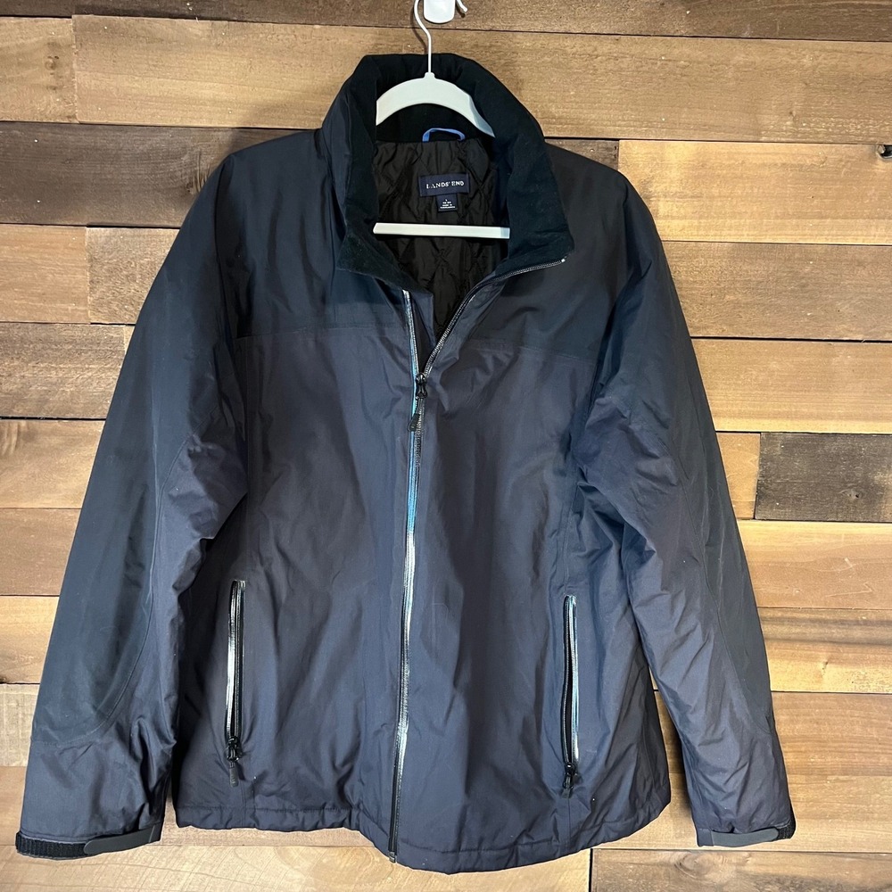 Lands End ECU Mens Black Insulated Rain Jacket Water-Resistant Thermolite Size L